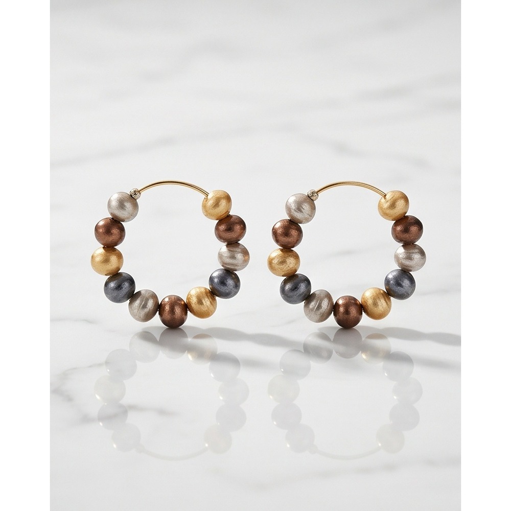 Multicolor Bead Hoop Earrings Gold Tone Mixed Metal Metallic Spheres Costume